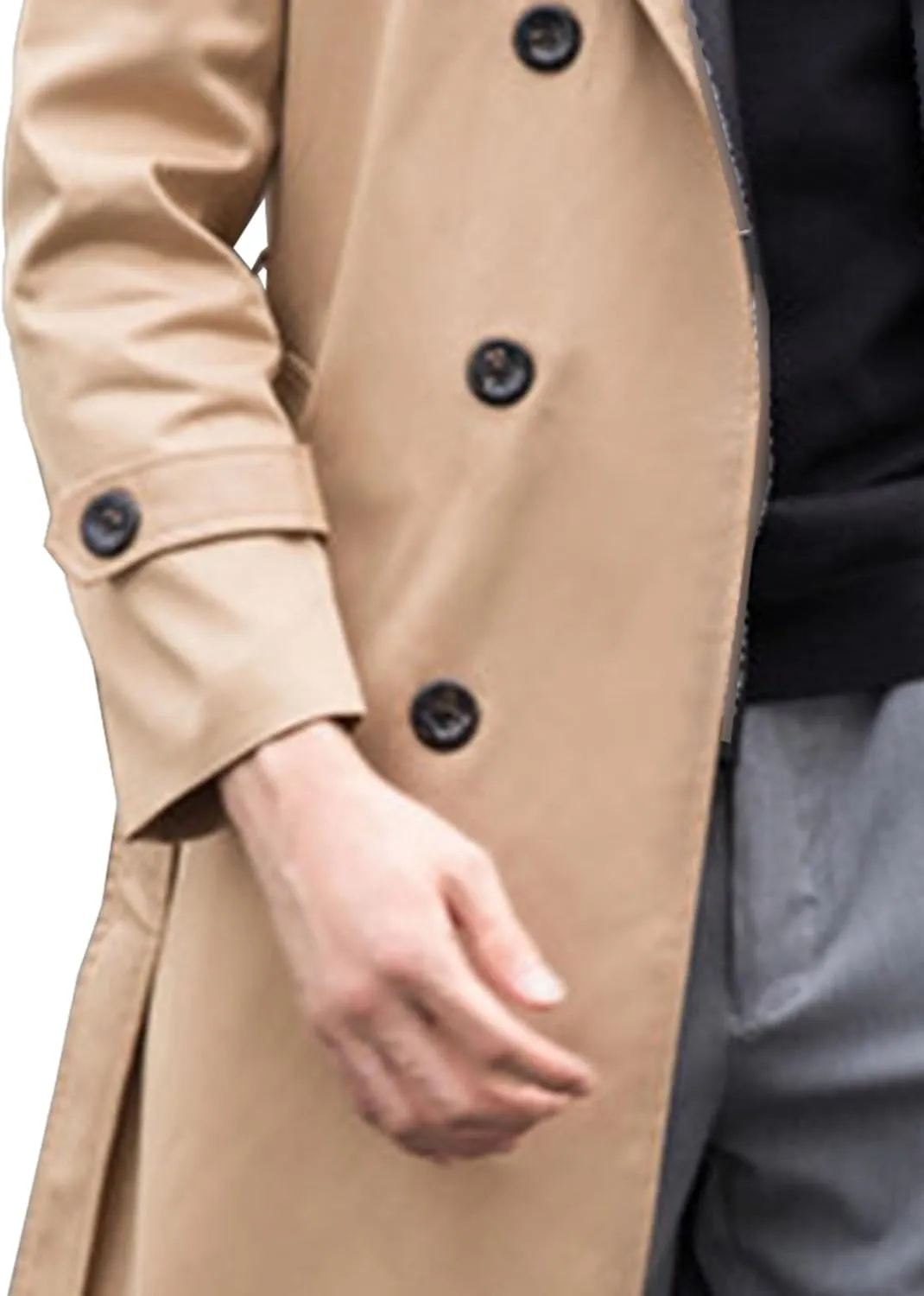 Maiyifu-GJ Mens Spring Fall Windbreaker Trench Coat Slim Double Breasted Belted Lapel Long Jacket Casual Windproof Overcoat