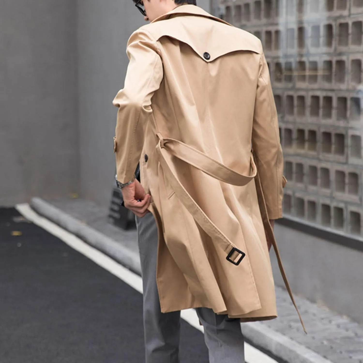 Maiyifu-GJ Mens Spring Fall Windbreaker Trench Coat Slim Double Breasted Belted Lapel Long Jacket Casual Windproof Overcoat