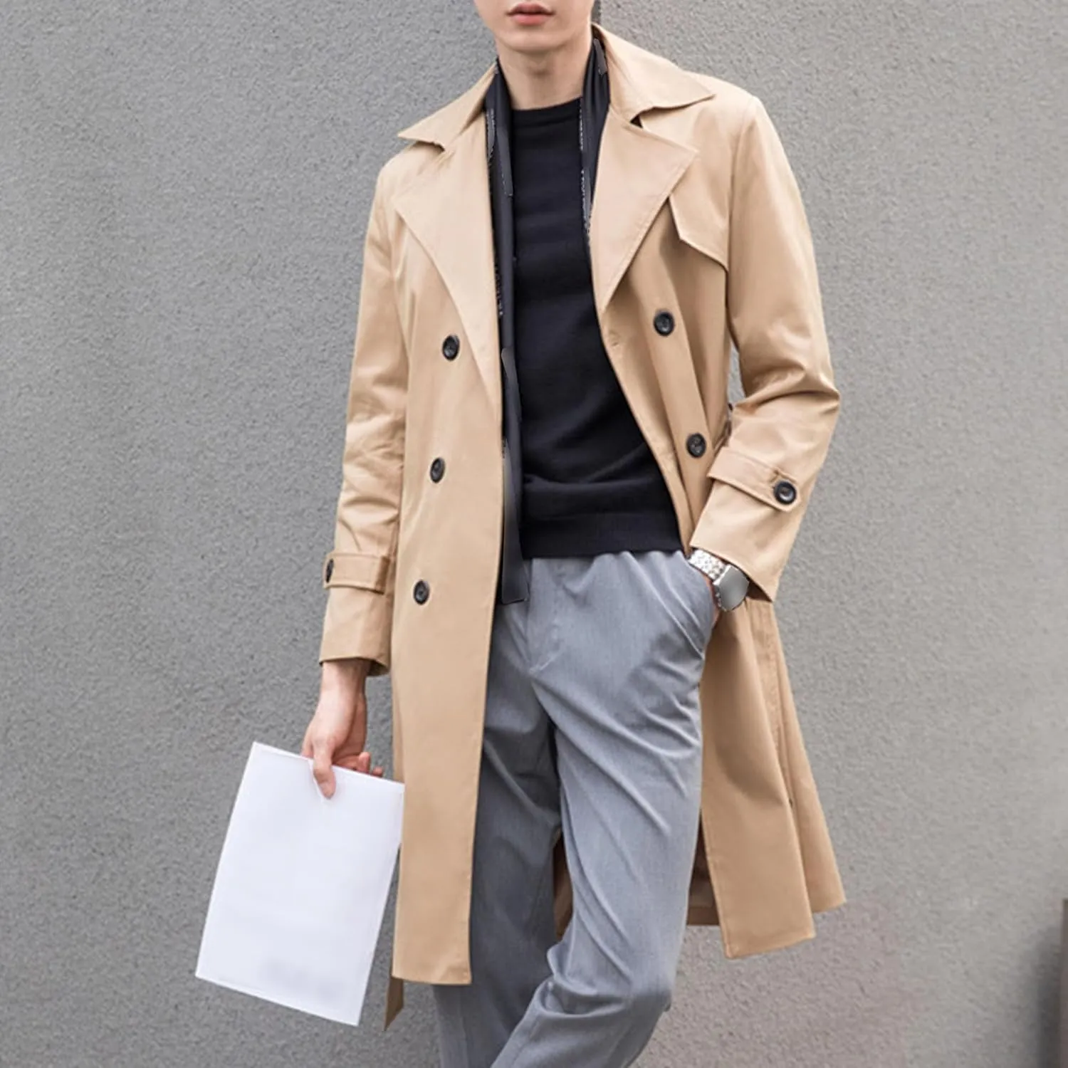 Maiyifu-GJ Mens Spring Fall Windbreaker Trench Coat Slim Double Breasted Belted Lapel Long Jacket Casual Windproof Overcoat