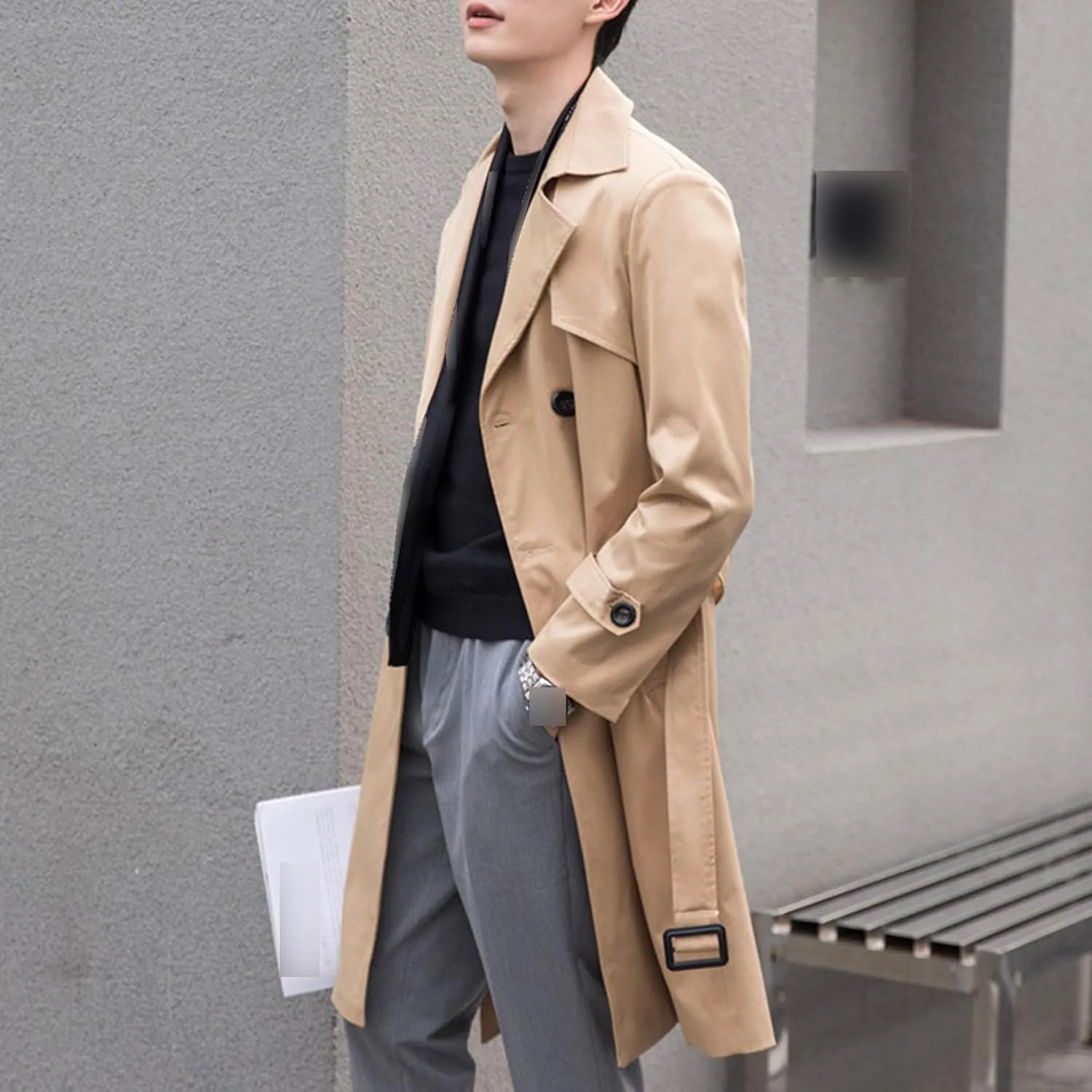 Maiyifu-GJ Mens Spring Fall Windbreaker Trench Coat Slim Double Breasted Belted Lapel Long Jacket Casual Windproof Overcoat