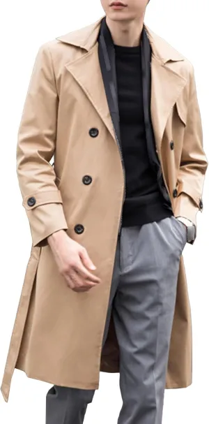Maiyifu-GJ Mens Spring Fall Windbreaker Trench Coat Slim Double Breasted Belted Lapel Long Jacket Casual Windproof Overcoat