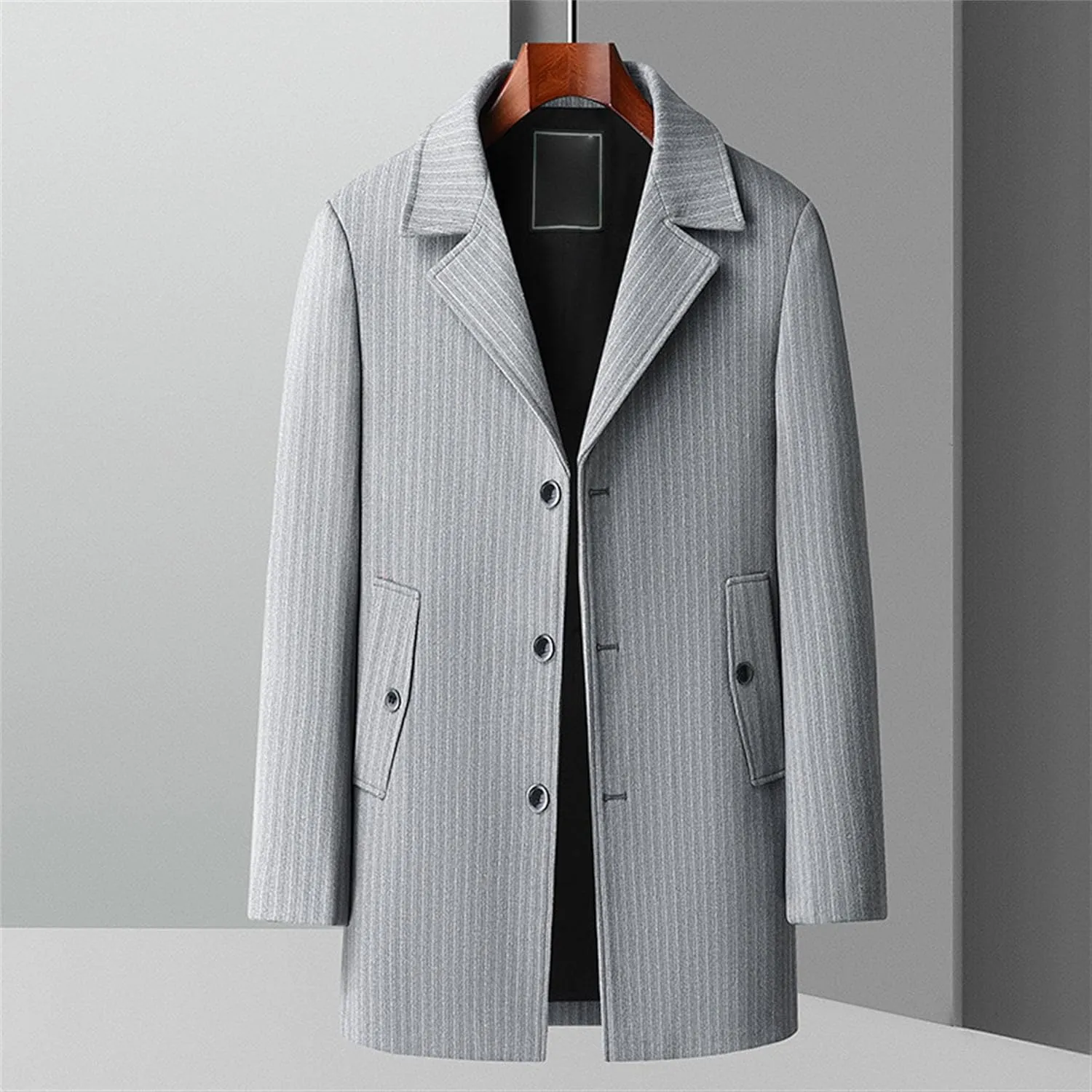 Maiyifu-GJ Men's Winter Wool Blend Coat Stylish Business Long Trench Overcoat Notched Lapel Slim Fit Quilted Lined Coat