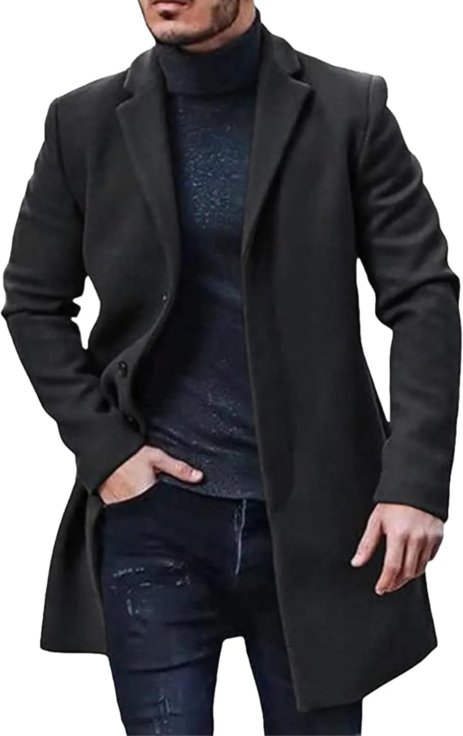 Maiyifu-GJ Men's Wool Blend Jacket Slim fit Long Trench Coat Single Breasted Notched Collar Overcoat Winter Warm Outerwear
