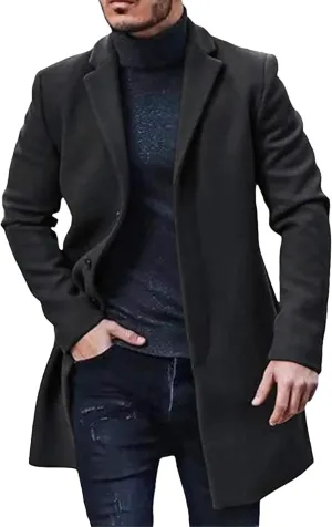 Maiyifu-GJ Men's Wool Blend Jacket Slim fit Long Trench Coat Single Breasted Notched Collar Overcoat Winter Warm Outerwear