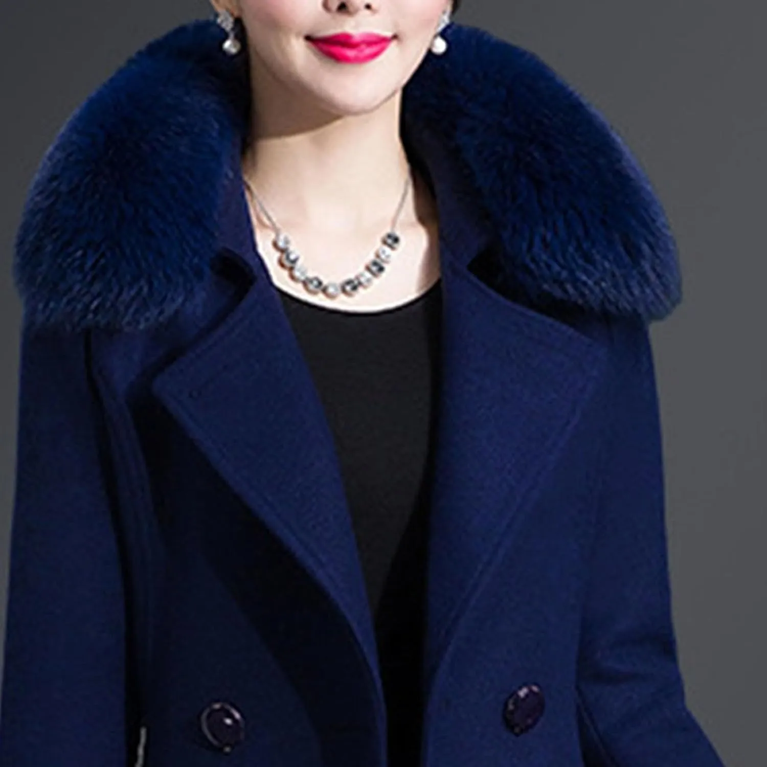 Maiyifu-GJ Womens Faux Fur Collar Wool Blend Trench Coats Spring Fall Casual Mid Long Coat Lightweight Cardigan Jackets