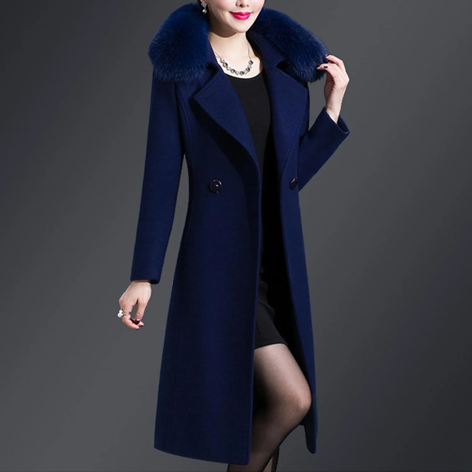 Maiyifu-GJ Womens Faux Fur Collar Wool Blend Trench Coats Spring Fall Casual Mid Long Coat Lightweight Cardigan Jackets