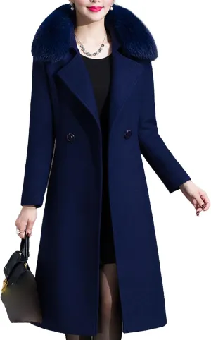 Maiyifu-GJ Womens Faux Fur Collar Wool Blend Trench Coats Spring Fall Casual Mid Long Coat Lightweight Cardigan Jackets