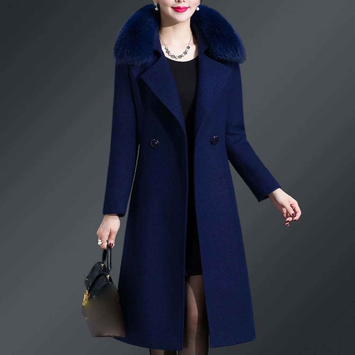 Maiyifu-GJ Womens Faux Fur Collar Wool Blend Trench Coats Spring Fall Casual Mid Long Coat Lightweight Cardigan Jackets