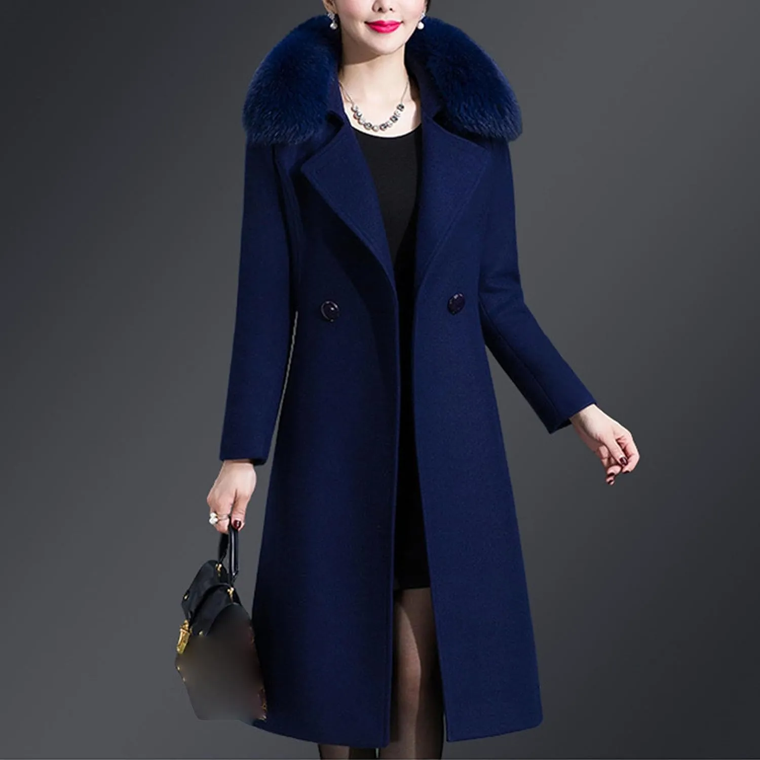 Maiyifu-GJ Womens Faux Fur Collar Wool Blend Trench Coats Spring Fall Casual Mid Long Coat Lightweight Cardigan Jackets