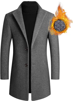 Maiyifu-GJ Wool Blend Coat for Men Slim Single Breasted Business Trench Overcoat Warm Winter Stylish Mid-Length Jacket