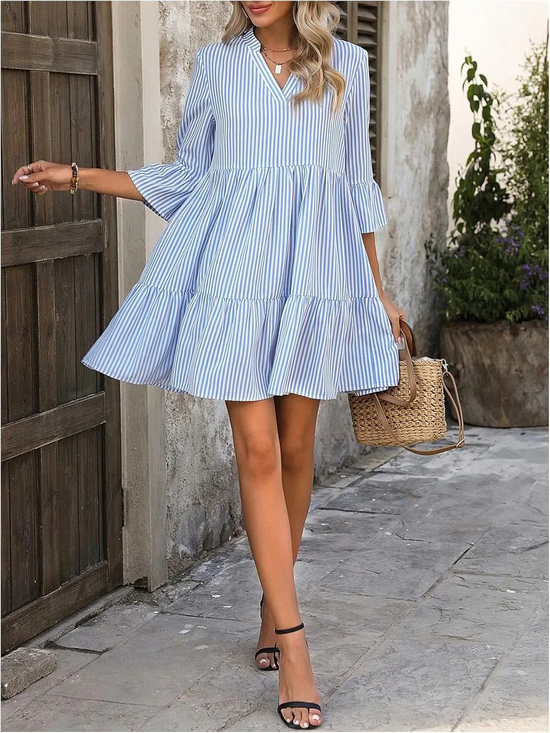 MakeMeChic Women's Striped Print A Line Dress 3/4 Sleeve Notch Neck Summer Mini Dress