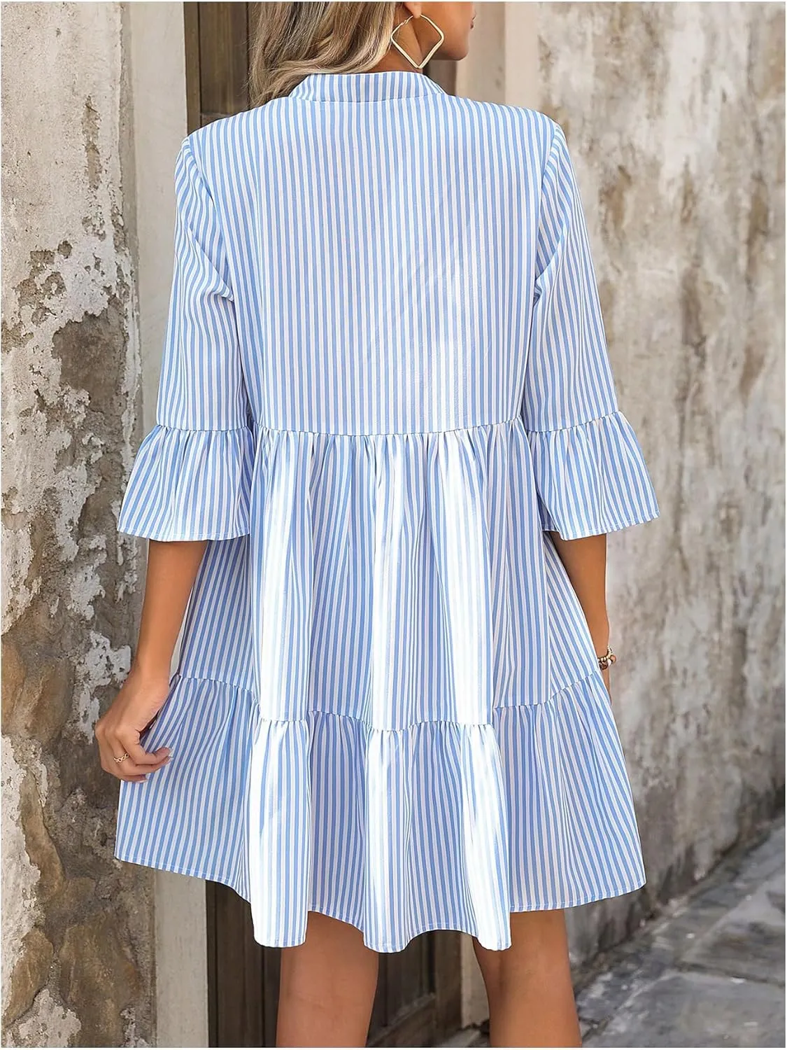 MakeMeChic Women's Striped Print A Line Dress 3/4 Sleeve Notch Neck Summer Mini Dress