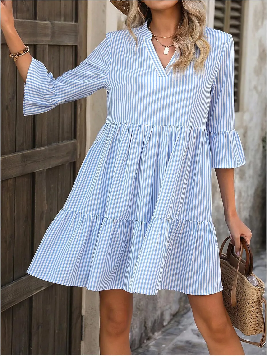 MakeMeChic Women's Striped Print A Line Dress 3/4 Sleeve Notch Neck Summer Mini Dress