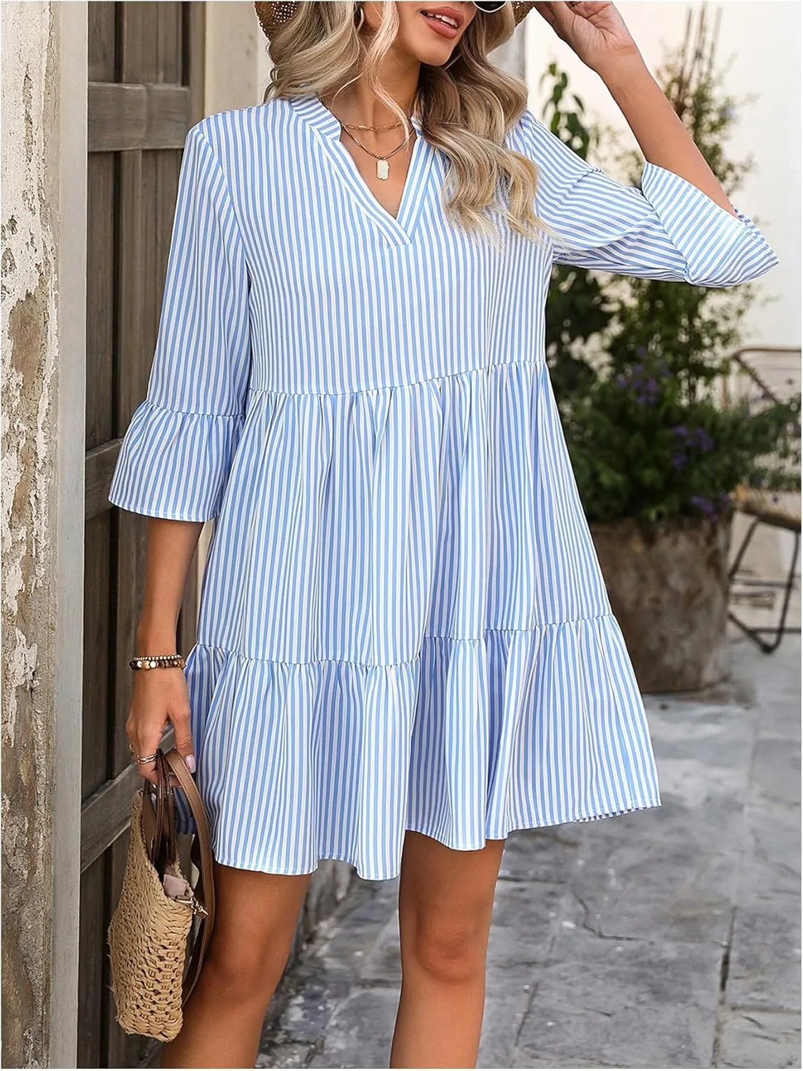 MakeMeChic Women's Striped Print A Line Dress 3/4 Sleeve Notch Neck Summer Mini Dress