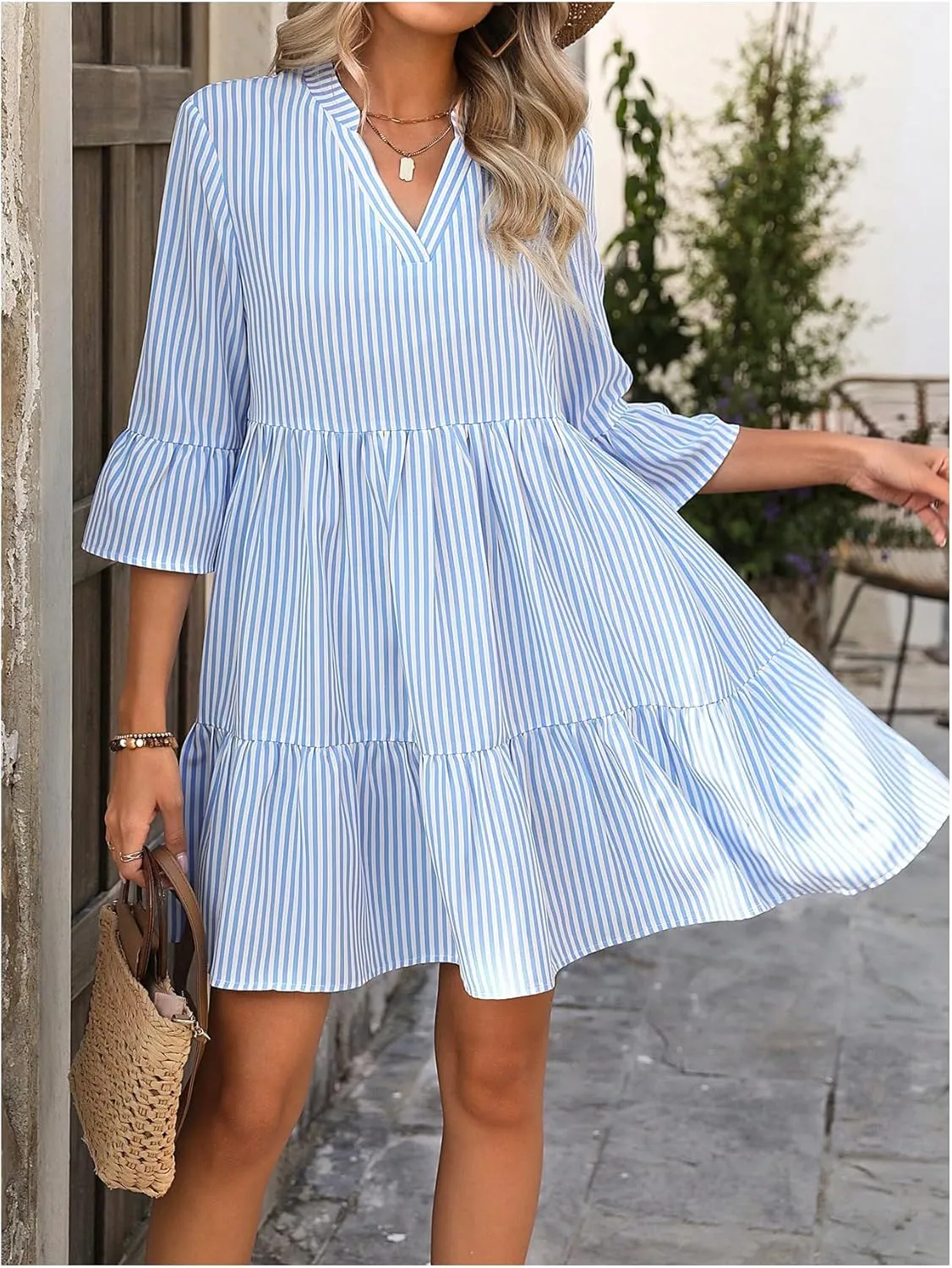 MakeMeChic Women's Striped Print A Line Dress 3/4 Sleeve Notch Neck Summer Mini Dress