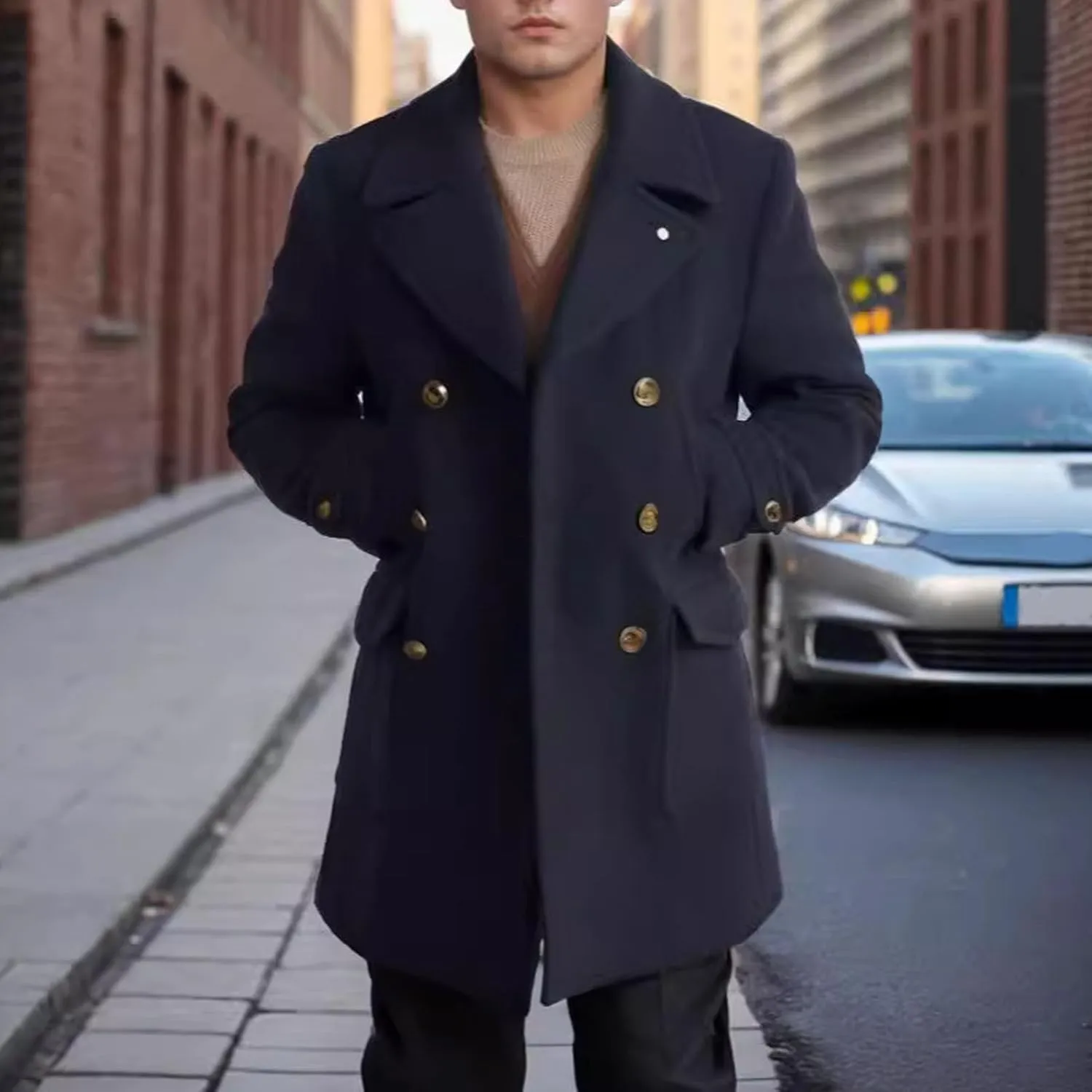 Men Winter Coat Wool Blend Trench Overcoat Lapel Collar Warm Jacket Double Breasted Heavyweight Overcoat with Pocket