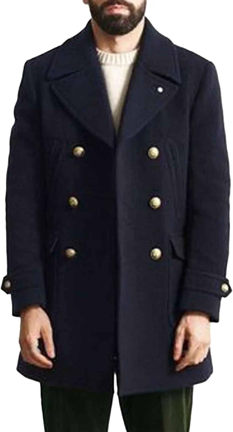 Men Winter Coat Wool Blend Trench Overcoat Lapel Collar Warm Jacket Double Breasted Heavyweight Overcoat with Pocket