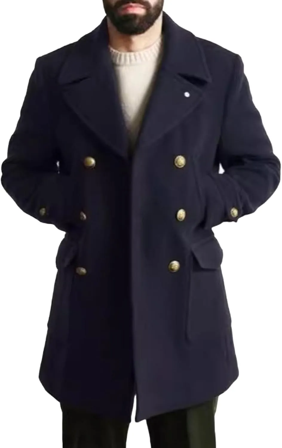 Men Winter Coat Wool Blend Trench Overcoat Lapel Collar Warm Jacket Double Breasted Heavyweight Overcoat with Pocket