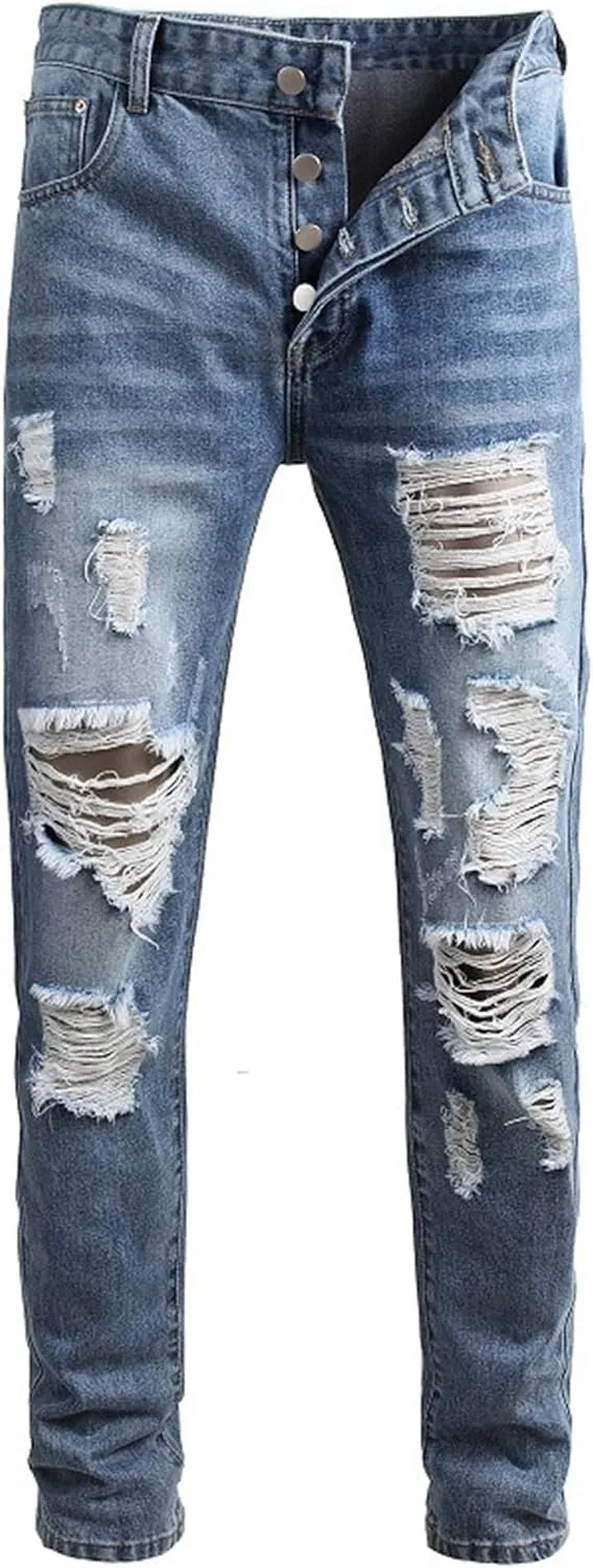 Men's Destroyed Ripped Straight Leg Jeans Distressed Classic Outdoor Denim Pants Vintage Streetwear Jeans Trouser