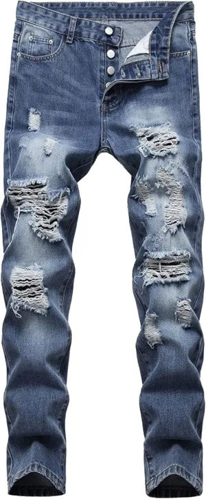 Men's Destroyed Ripped Straight Leg Jeans Distressed Classic Outdoor Denim Pants Vintage Streetwear Jeans Trouser