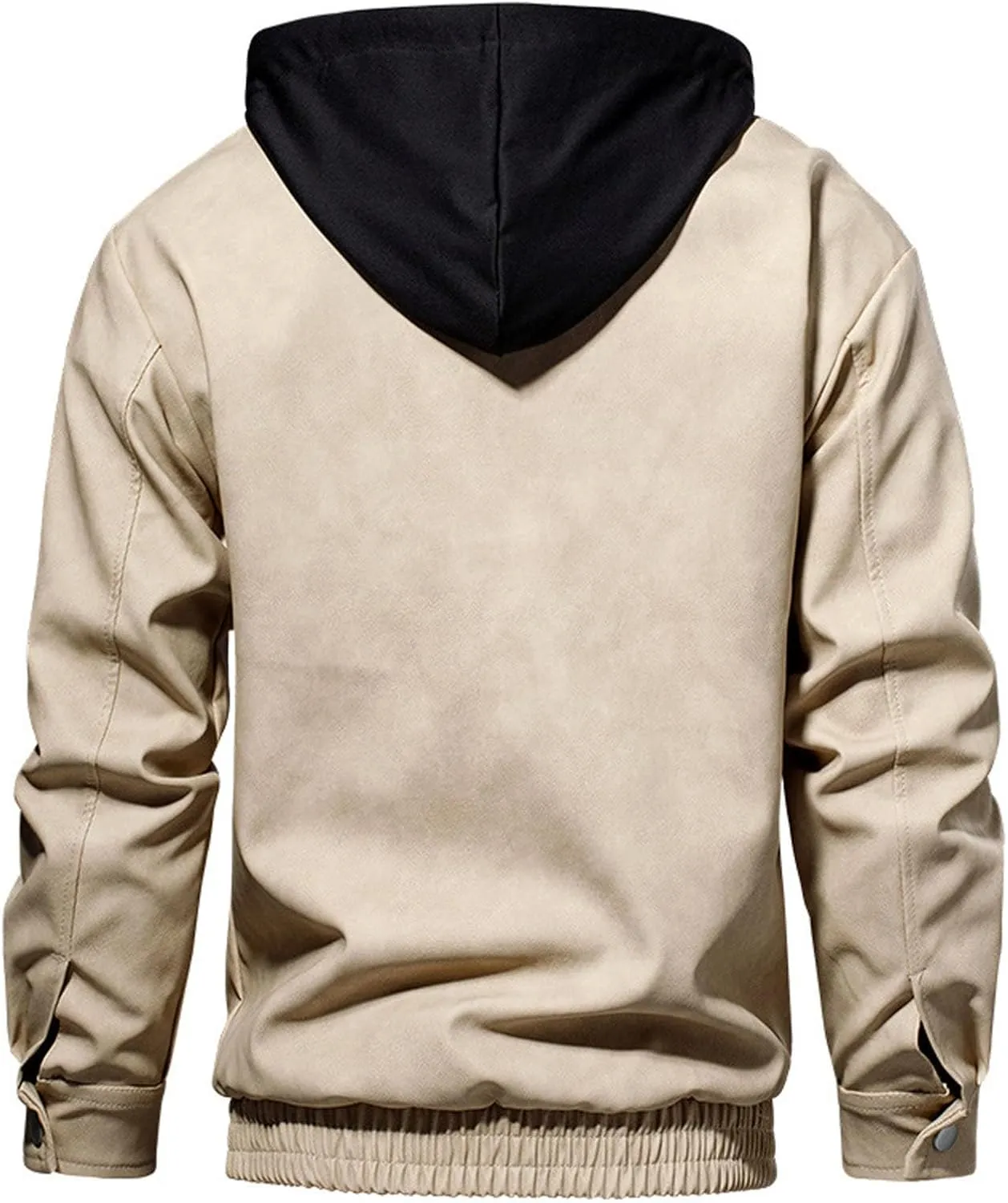 Mens Leather Baseball Uniform Jacket Casual Drawstring Zip Up Fall Coat Fashion Loose Hooded Sweatshirt with Pockets