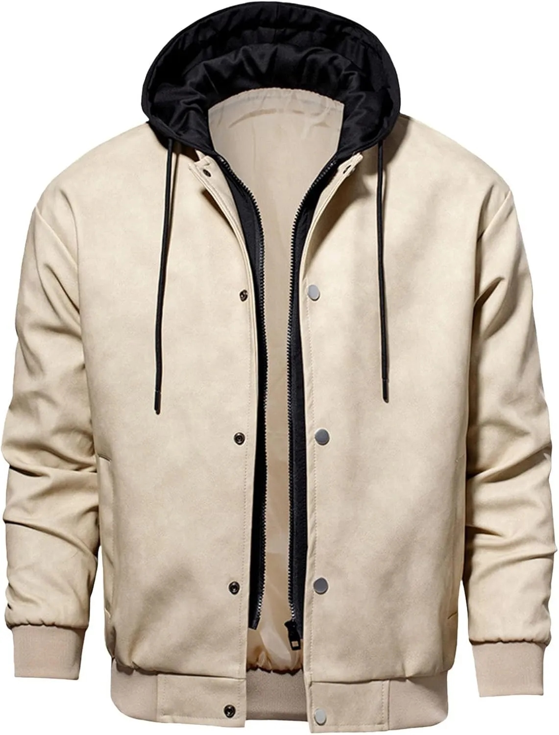 Mens Leather Baseball Uniform Jacket Casual Drawstring Zip Up Fall Coat Fashion Loose Hooded Sweatshirt with Pockets