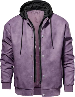 Mens Leather Baseball Uniform Jacket Casual Drawstring Zip Up Fall Coat Fashion Loose Hooded Sweatshirt with Pockets