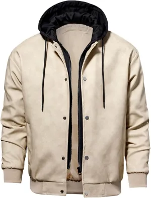 Mens Leather Baseball Uniform Jacket Casual Drawstring Zip Up Fall Coat Fashion Loose Hooded Sweatshirt with Pockets