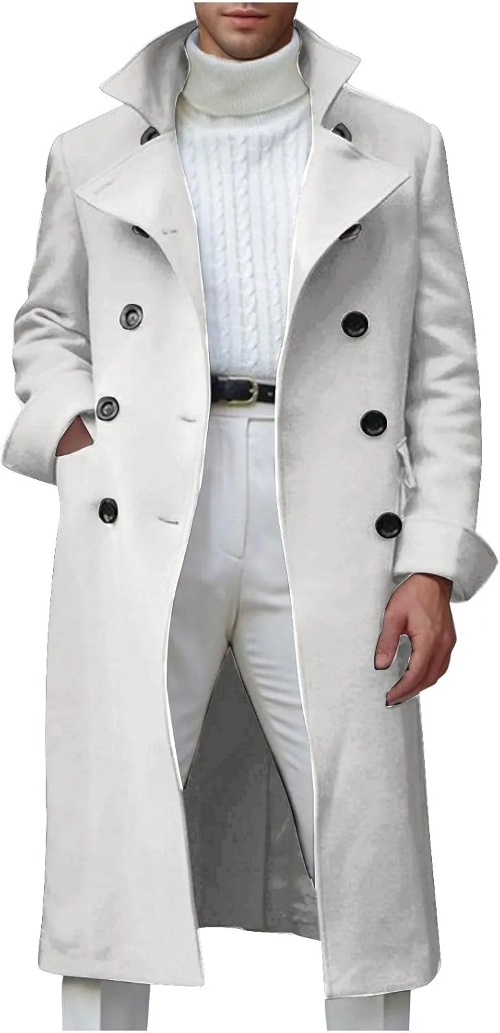 Mens Long Trench Coat Notch Lapel Slim Fit Double Breasted Wool Blend Long Pea Coat Fall Winter Office Warm Overcoat