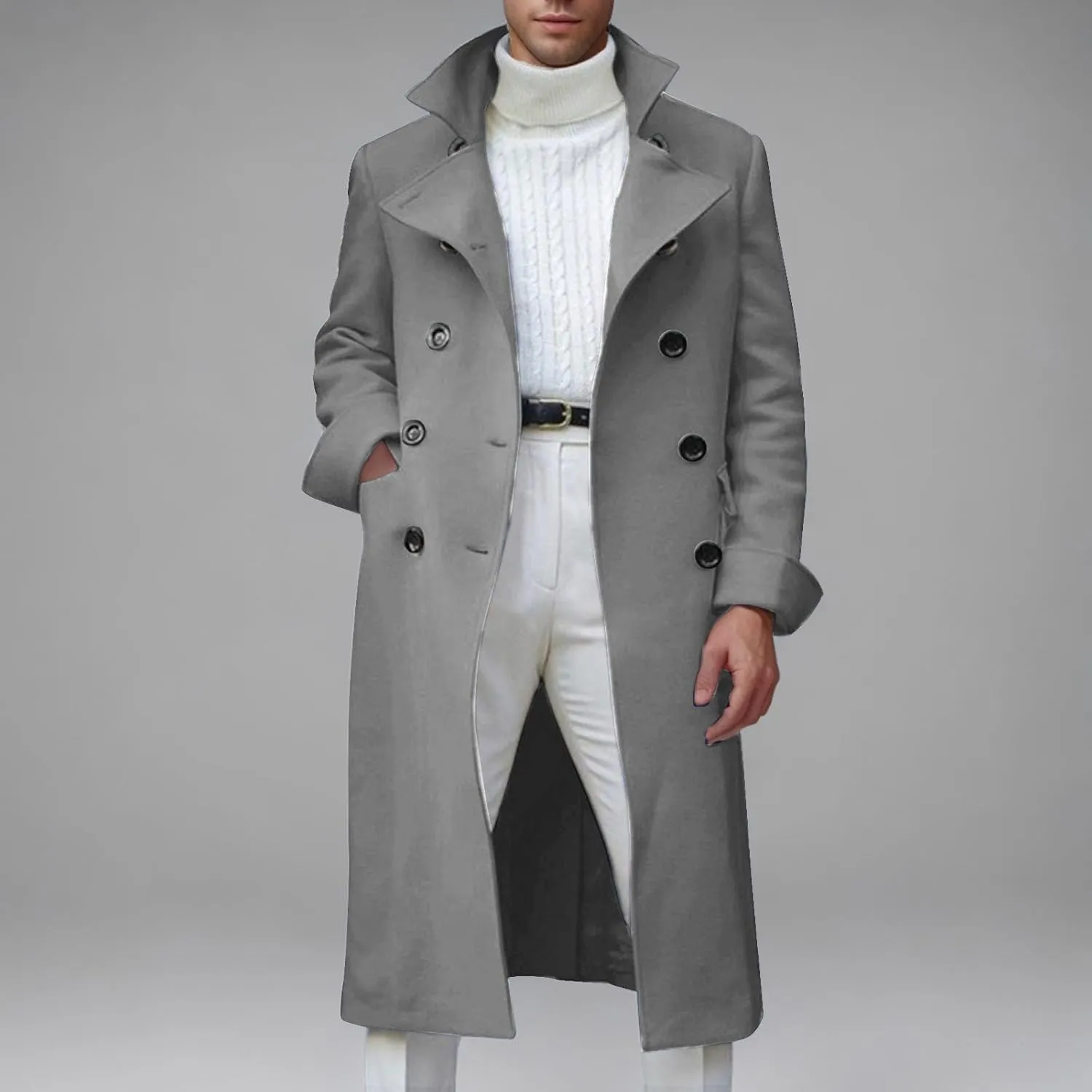 Mens Long Trench Coat Notch Lapel Slim Fit Double Breasted Wool Blend Long Pea Coat Fall Winter Office Warm Overcoat
