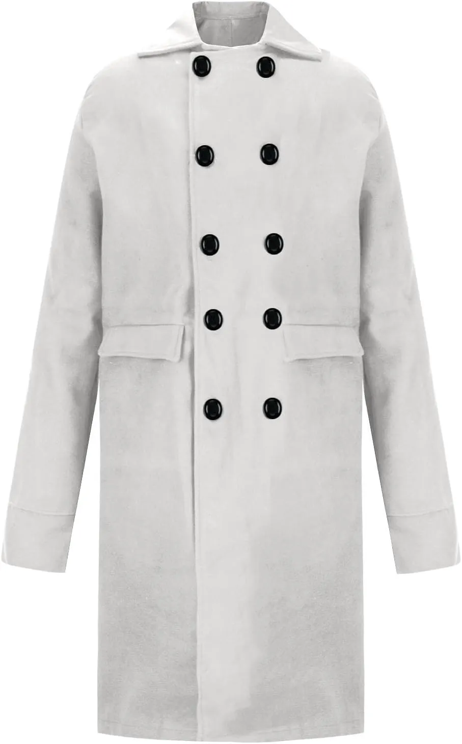 Mens Long Trench Coat Notch Lapel Slim Fit Double Breasted Wool Blend Long Pea Coat Fall Winter Office Warm Overcoat