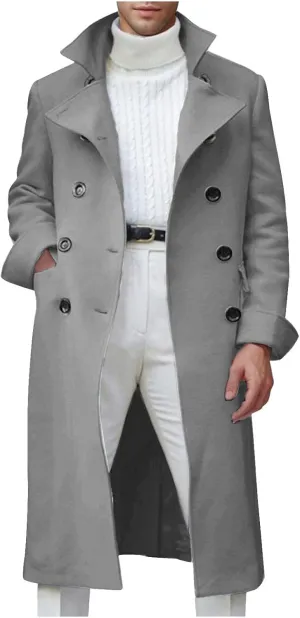 Mens Long Trench Coat Notch Lapel Slim Fit Double Breasted Wool Blend Long Pea Coat Fall Winter Office Warm Overcoat