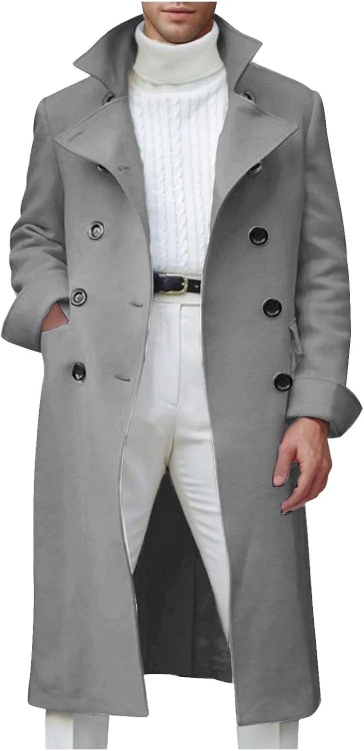 Mens Long Trench Coat Notch Lapel Slim Fit Double Breasted Wool Blend Long Pea Coat Fall Winter Office Warm Overcoat