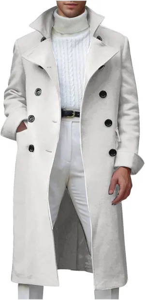 Mens Long Trench Coat Notch Lapel Slim Fit Double Breasted Wool Blend Long Pea Coat Fall Winter Office Warm Overcoat