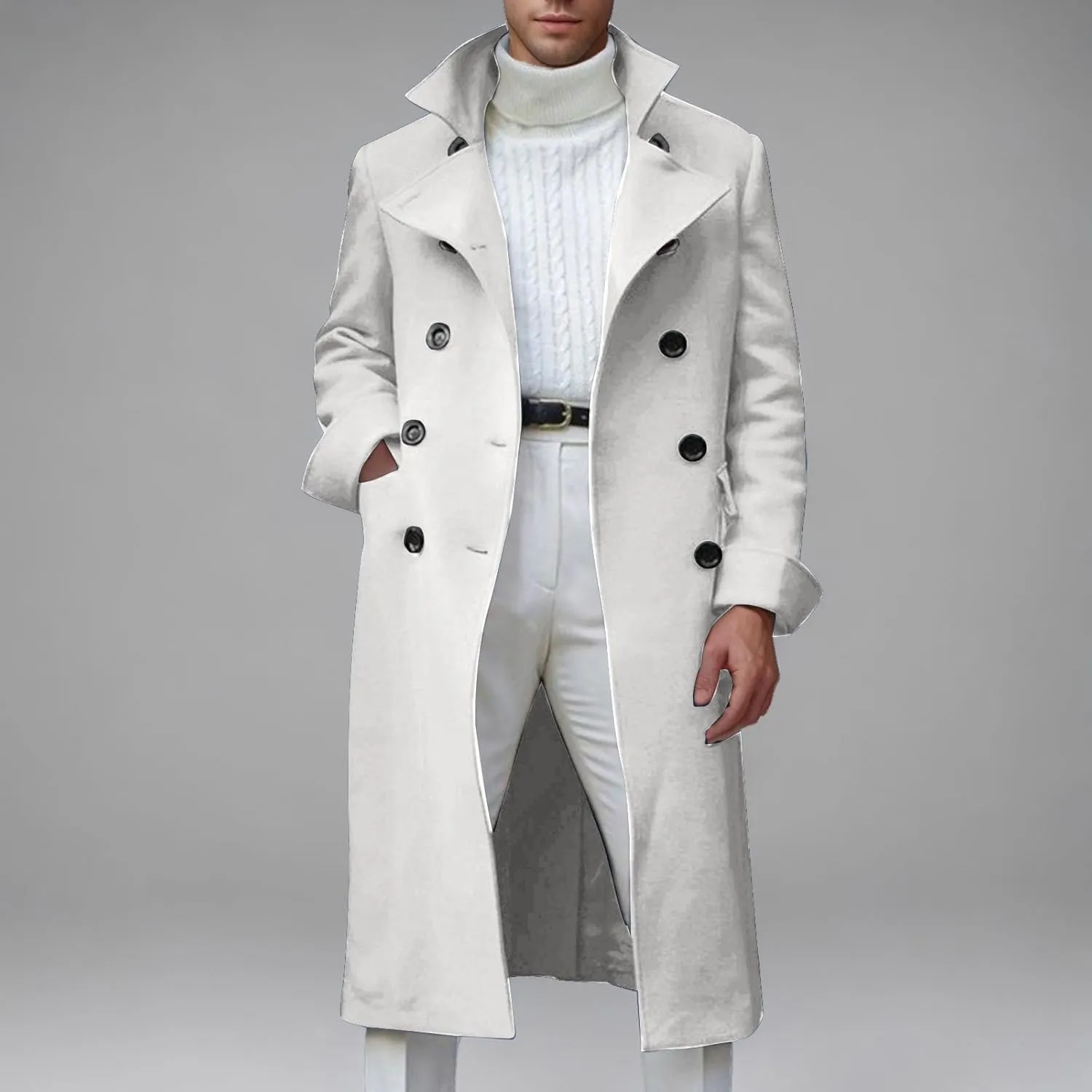 Mens Long Trench Coat Notch Lapel Slim Fit Double Breasted Wool Blend Long Pea Coat Fall Winter Office Warm Overcoat