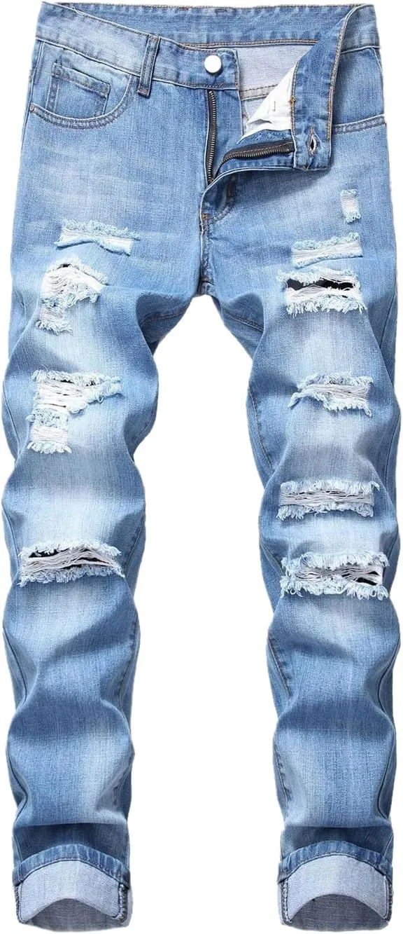 Men's Ripped Jeans  Fashionable Slim Fit Stretch Denim with Patches,Ripped Distressed Destroyed Straight Slim Fit Jeans