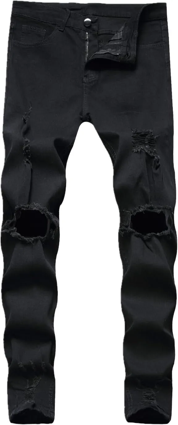 Men's Ripped Jeans  Fashionable Slim Fit Stretch Denim with Patches,Ripped Distressed Destroyed Straight Slim Fit Jeans