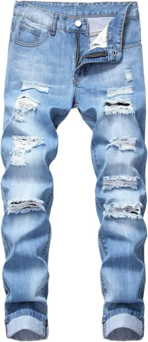 Men's Ripped Jeans  Fashionable Slim Fit Stretch Denim with Patches,Ripped Distressed Destroyed Straight Slim Fit Jeans