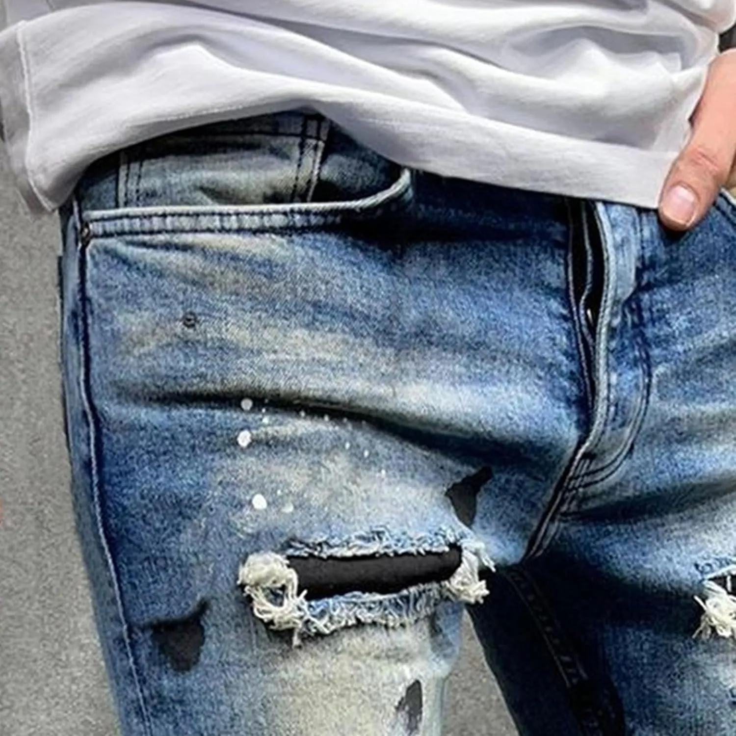 Men's Ripped Skinny Outdoor Jeans Casual Distressed Tapered Denim Pants Classic Vintage Biker Jeans Trouser
