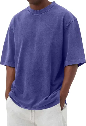 Mens Short Sleeve Crewneck Oversized T Shirt Heavy Cotton Summer T-Shirts American Vintage Washed Distressed Tee Tops