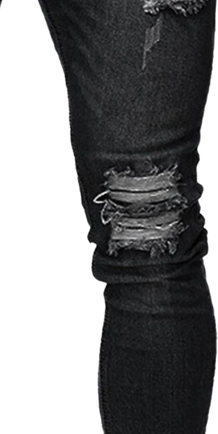 Men's Skinny Distressed Vintage Jeans Ripped Casual Outdoor Denim Pants Slim Fit Stretch Jeans Trouser