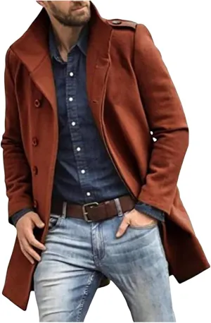 Men's Wool Blend Pea Coat Classic Single Breasted Overcoat Winter Slim Fit Long Trench Coat Business Jacket Topcoat