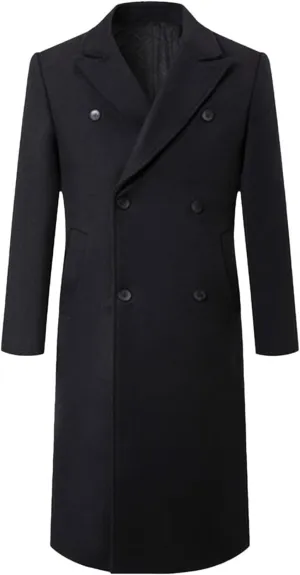 Mens Wool Blend Trench Coat Double Breasted Notched Lapel Casual Long Jacket Windbreaker Overcoats