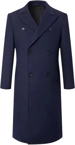 Mens Wool Blend Trench Coat Double Breasted Notched Lapel Casual Long Jacket Windbreaker Overcoats