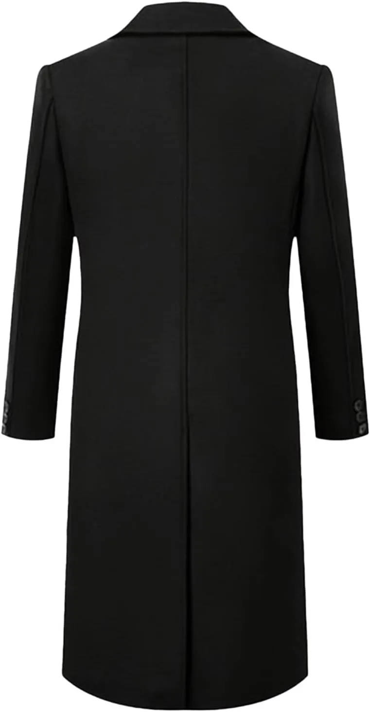 Mens Wool Blend Trench Coat Double Breasted Notched Lapel Casual Long Jacket Windbreaker Overcoats