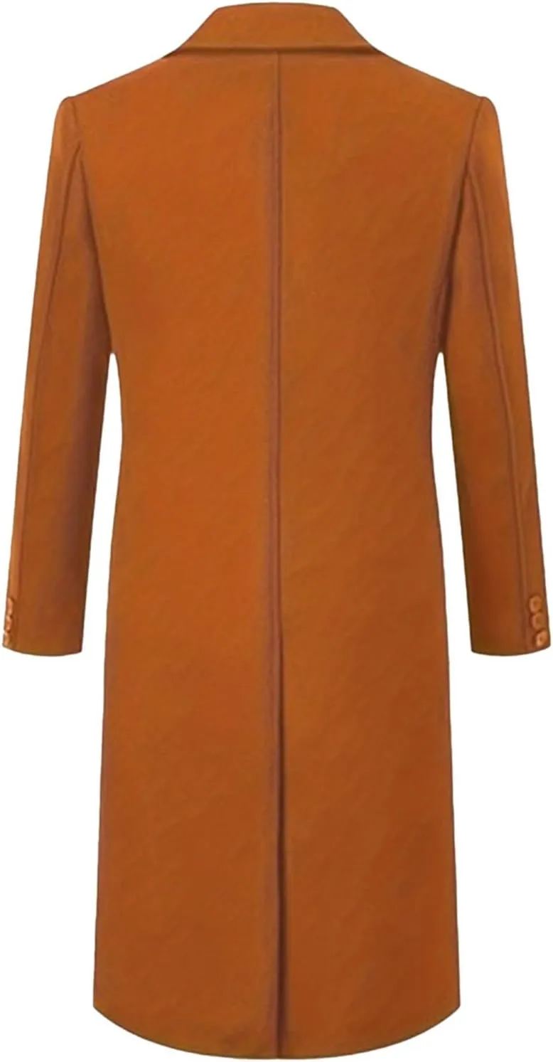 Mens Wool Blend Trench Coat Double Breasted Notched Lapel Casual Long Jacket Windbreaker Overcoats