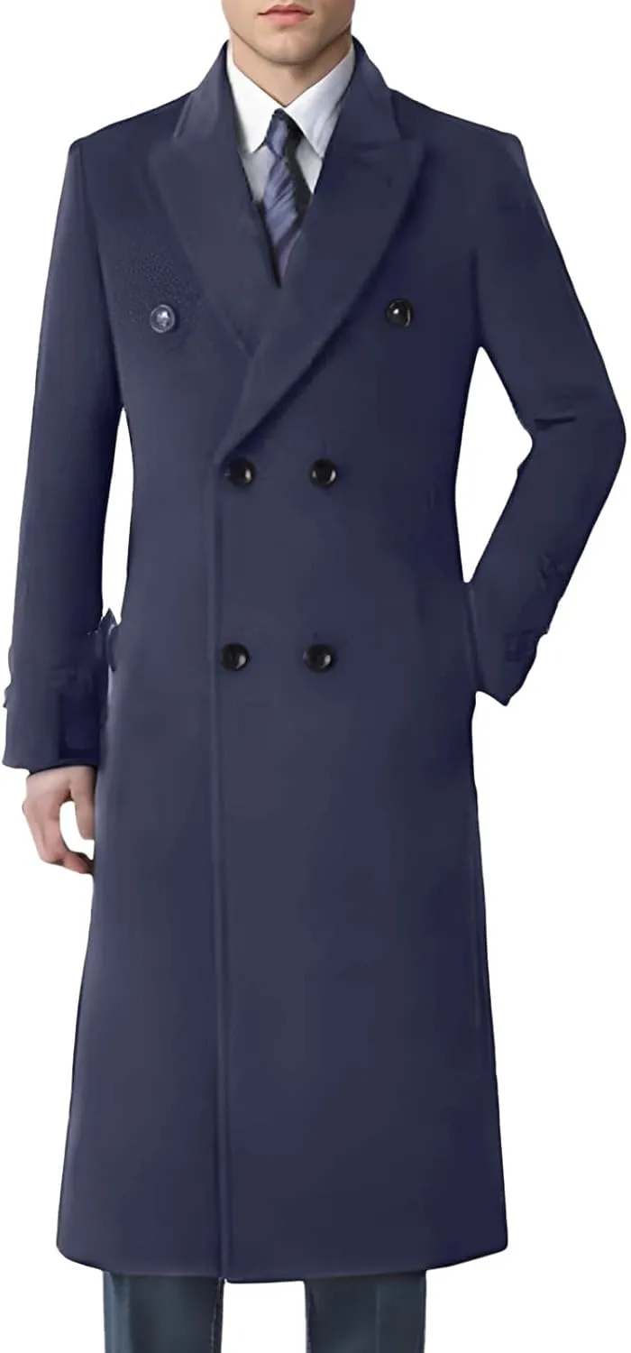 Mens Wool Blend Trench Coat Double Breasted Notched Lapel Casual Long Jacket Windbreaker Overcoats