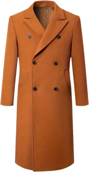 Mens Wool Blend Trench Coat Double Breasted Notched Lapel Casual Long Jacket Windbreaker Overcoats