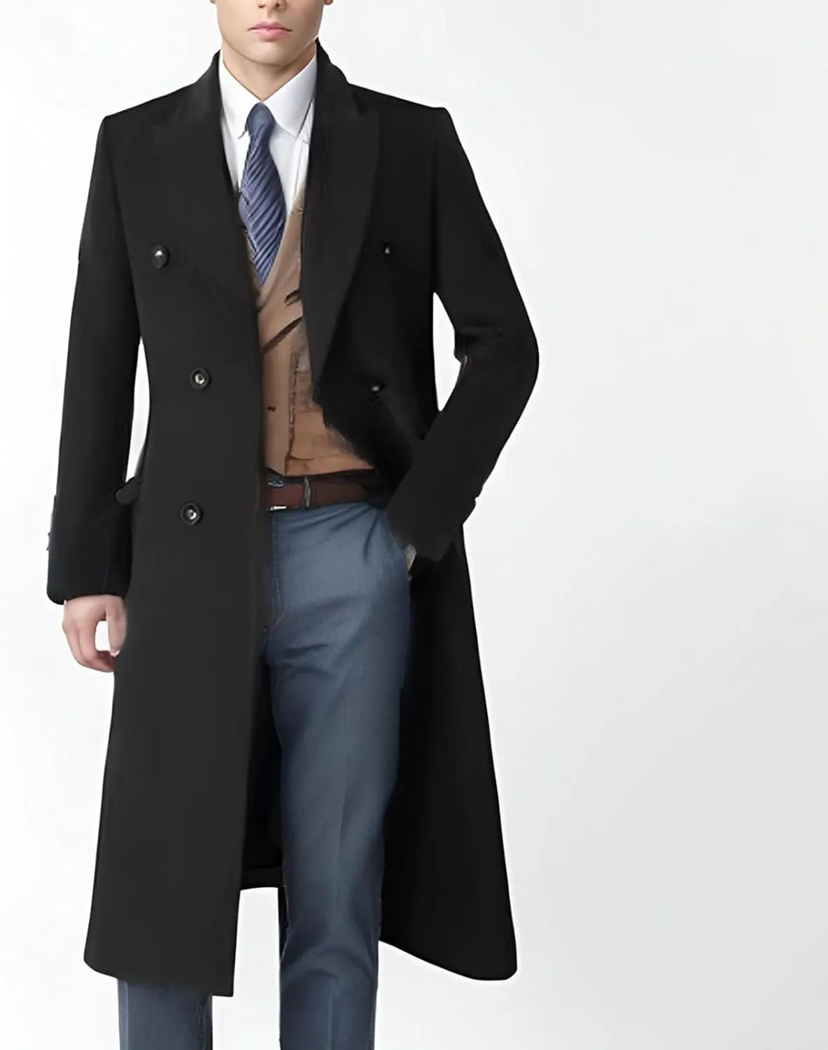 Mens Wool Blend Trench Coat Double Breasted Notched Lapel Casual Long Jacket Windbreaker Overcoats