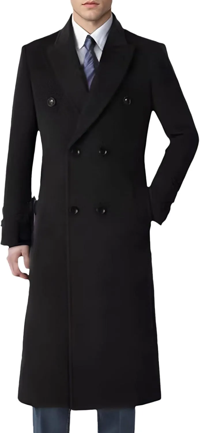 Mens Wool Blend Trench Coat Double Breasted Notched Lapel Casual Long Jacket Windbreaker Overcoats